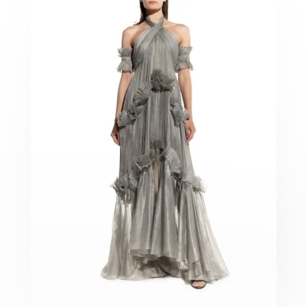 MARIA LUCIA HOHAN Zadie Metallic Plisse Tiered Halter Gown w/ Removable Sleeves